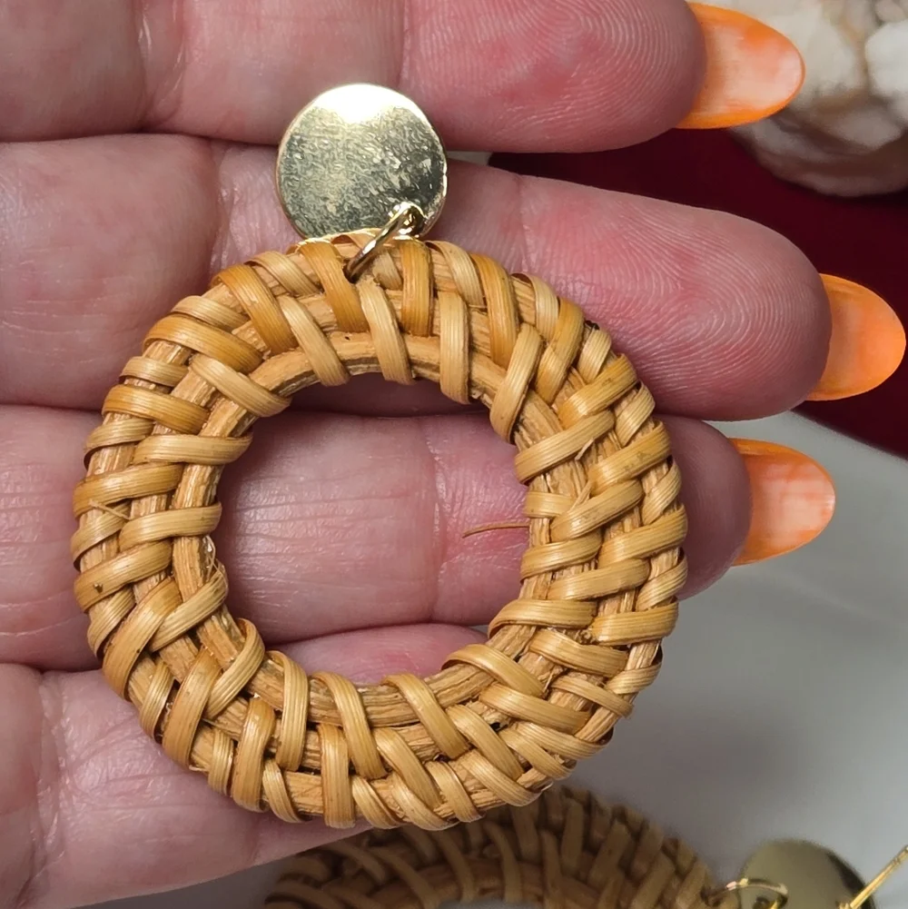 Woven Rattan Hoop Earrings Gold Disc Stud Boho Coastal Resort Statement Jewelry